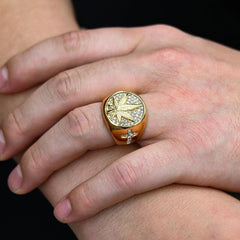 18k Gold Marijuana Leaf Cannabis Pot Cross Crystal Men Stainless Steel Ring For Men, Gift