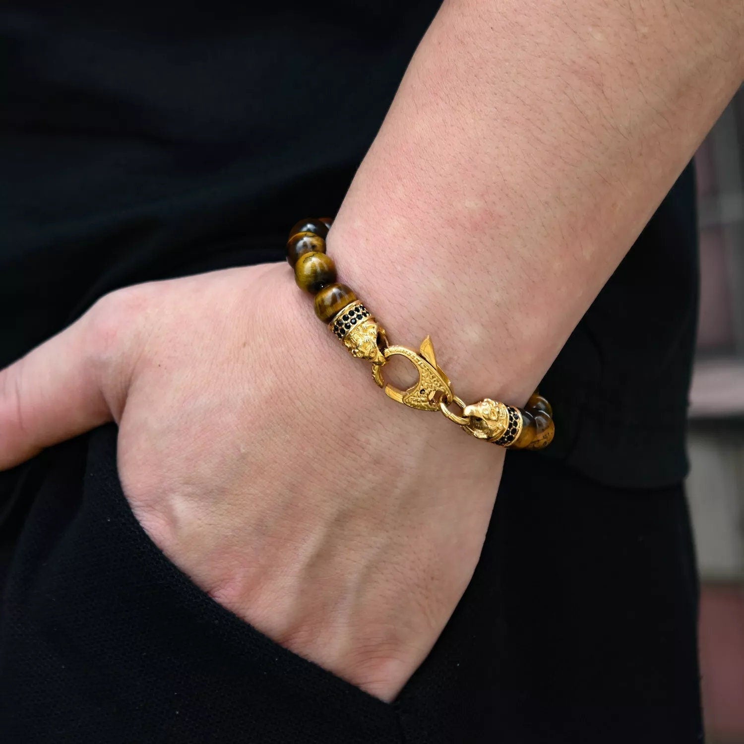 18k Gold Plated Stainless Steel Brown Tiger's Eye Bracelet for Men, Tiger Eye Beaded Jewelry, Gift for Dad, Stylish Bracelet