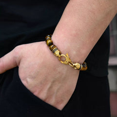 18k Gold Plated Stainless Steel Brown Tiger's Eye Bracelet for Men, Tiger Eye Beaded Jewelry, Gift for Dad, Stylish Bracelet