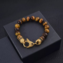18k Gold Plated Stainless Steel Brown Tiger's Eye Bracelet for Men, Tiger Eye Beaded Jewelry, Gift for Dad, Stylish Bracelet