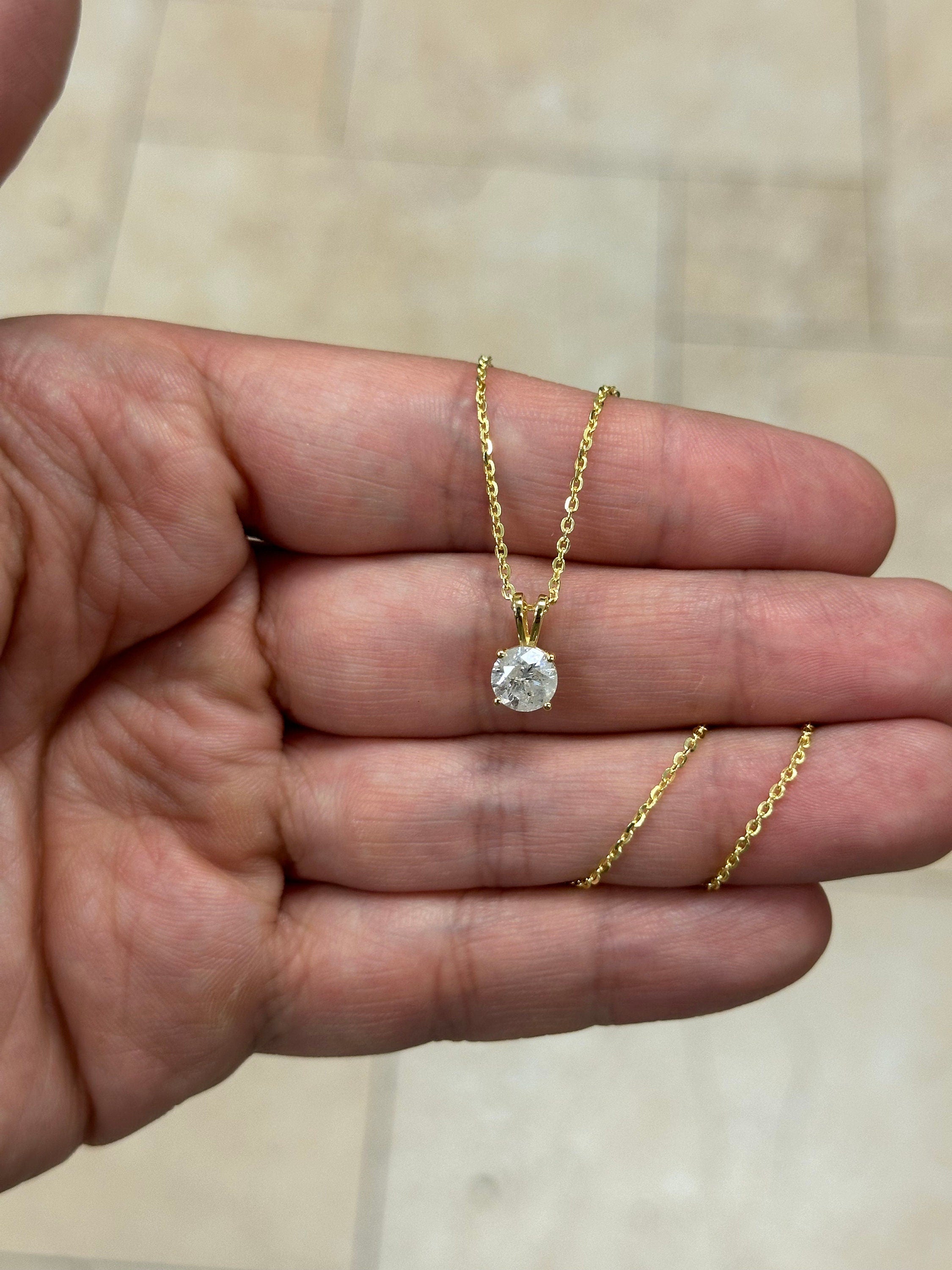 1 Carat Round Cut Real (Natural) Round Diamond Solitaire Pendant Necklace In 14K Yellow Gold, G-H