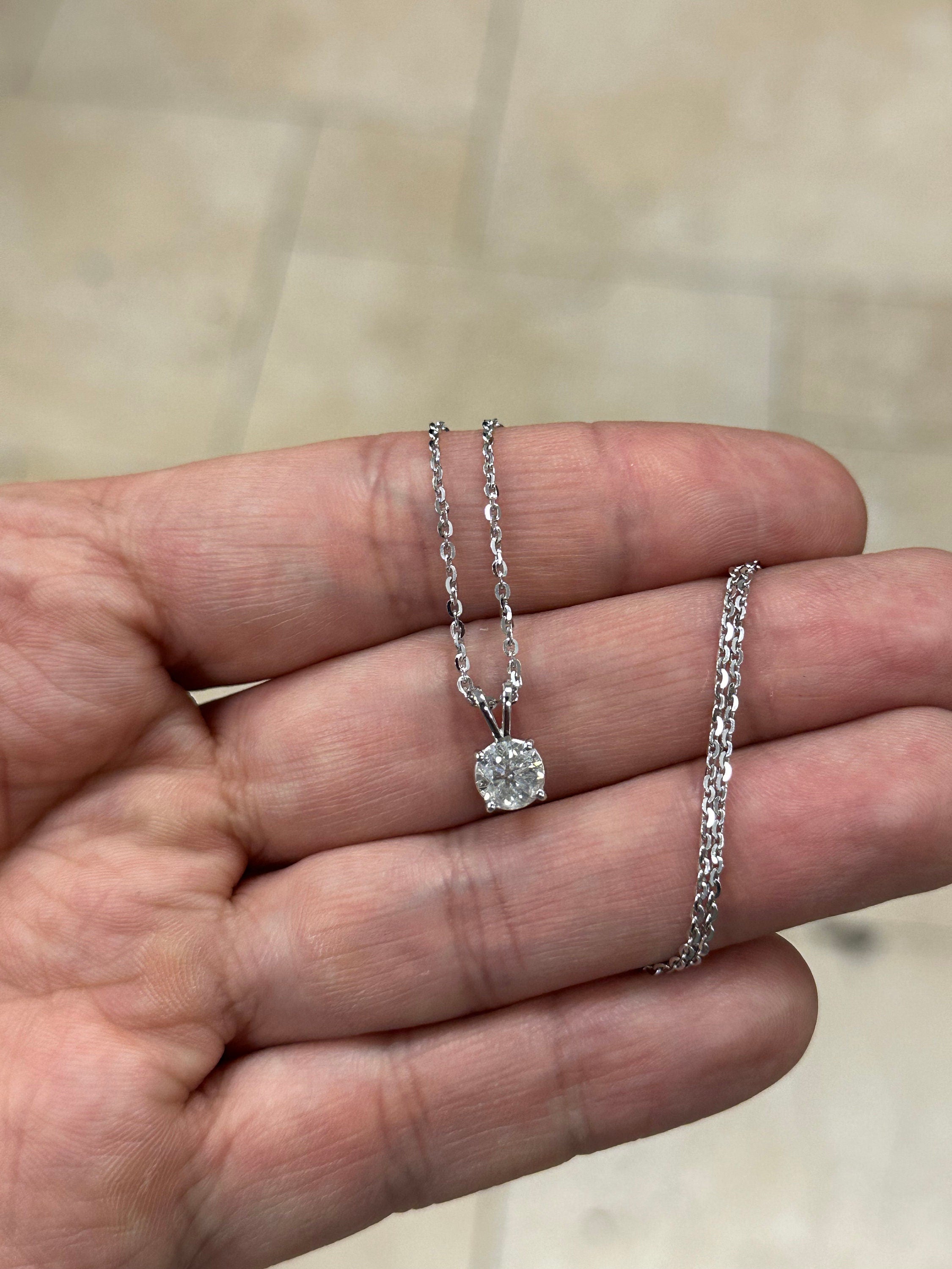 1 Carat Round Cut Real (Natural) Round Diamond Solitaire Pendant Necklace In 14K White Gold, G-H