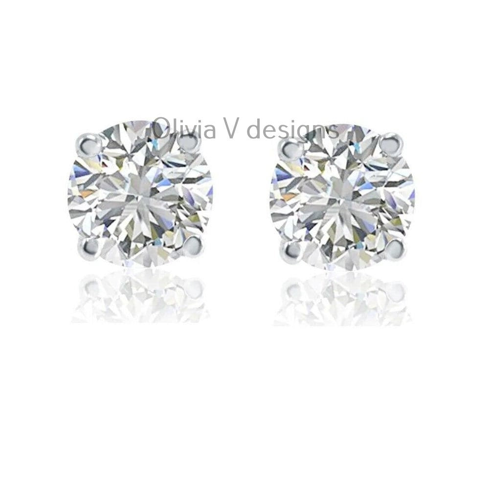 1 Carat TW Real (Natural) Round Diamond Solitaire Stud Earrings in 14K White Gold Color I-J I1