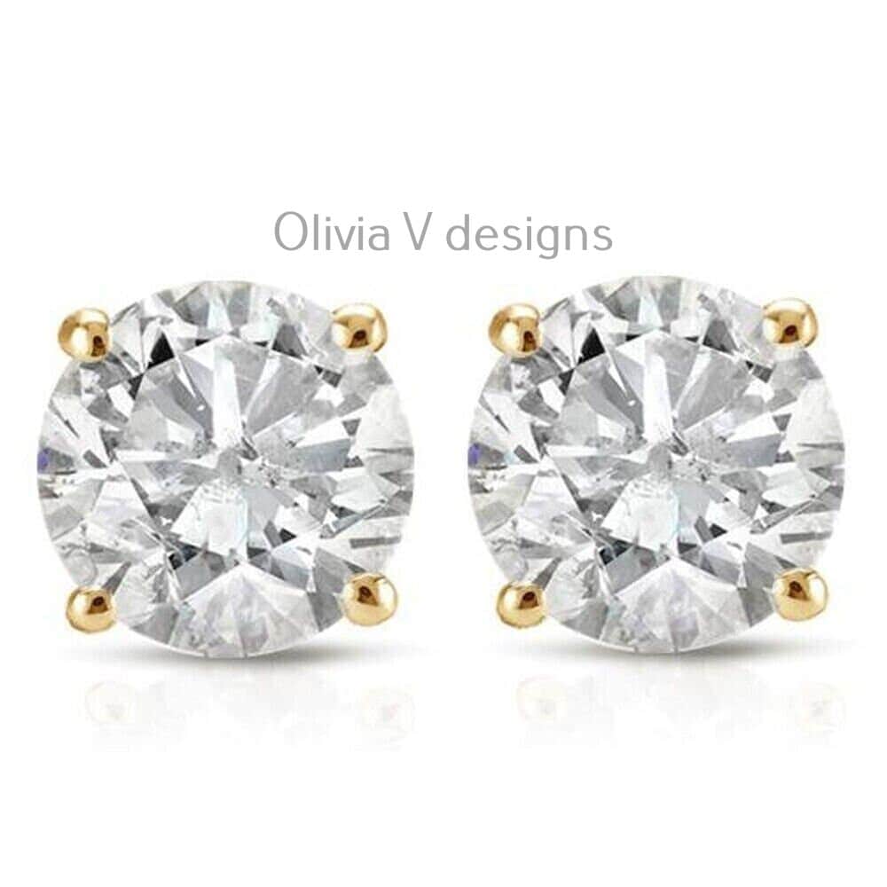1 Carat TW Real (Natural) Round Diamond Solitaire Stud Earrings in 14K Yellow Gold Color G/H