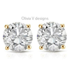 1 Carat TW Real (Natural) Round Diamond Solitaire Stud Earrings in 14K Yellow Gold Color G/H