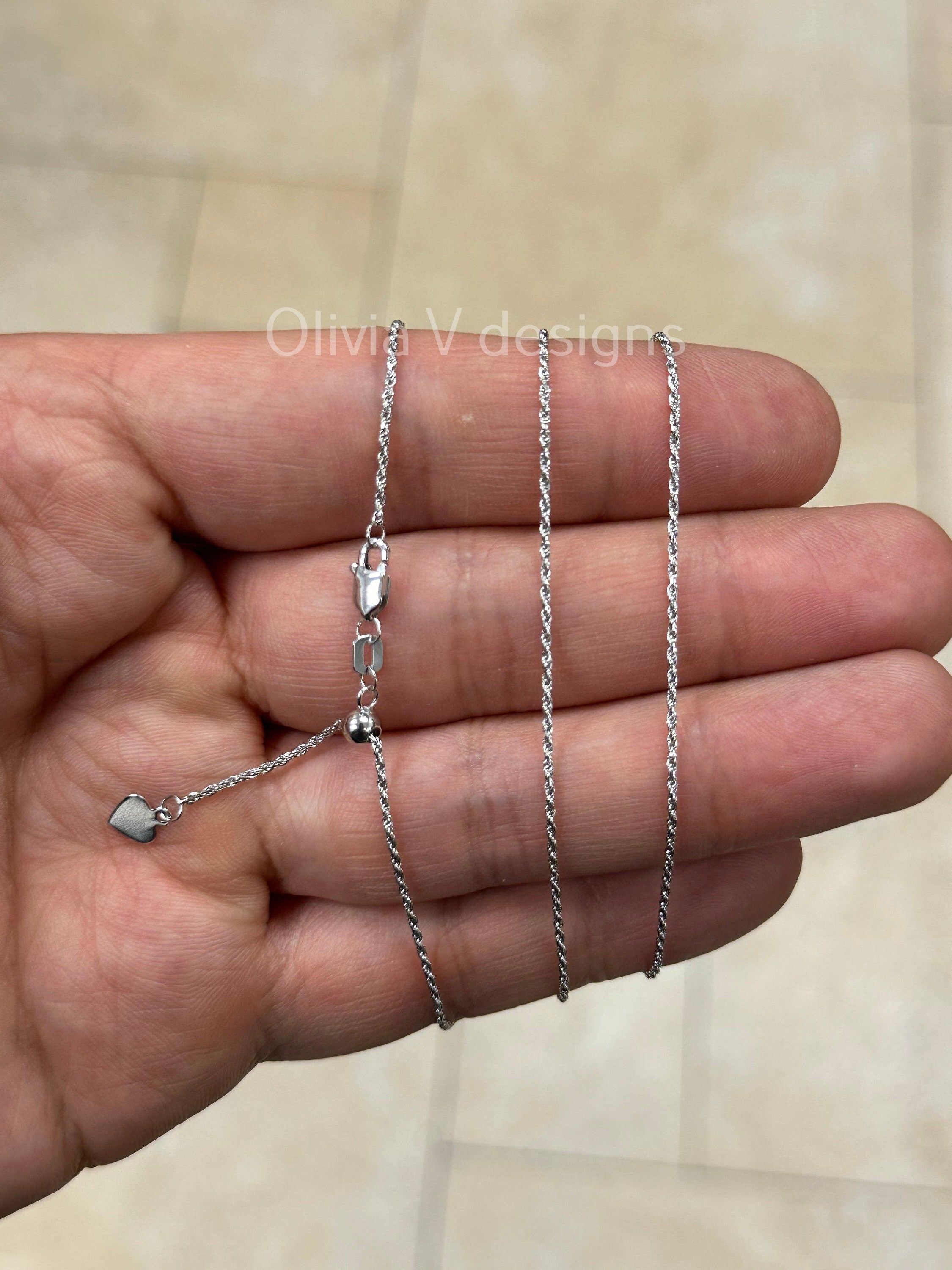 
1mm Solid Adjustable Diamond Cut Rope Chain REAL 14K White Gold Up To 22", Rope Chain, 14k White Gold
