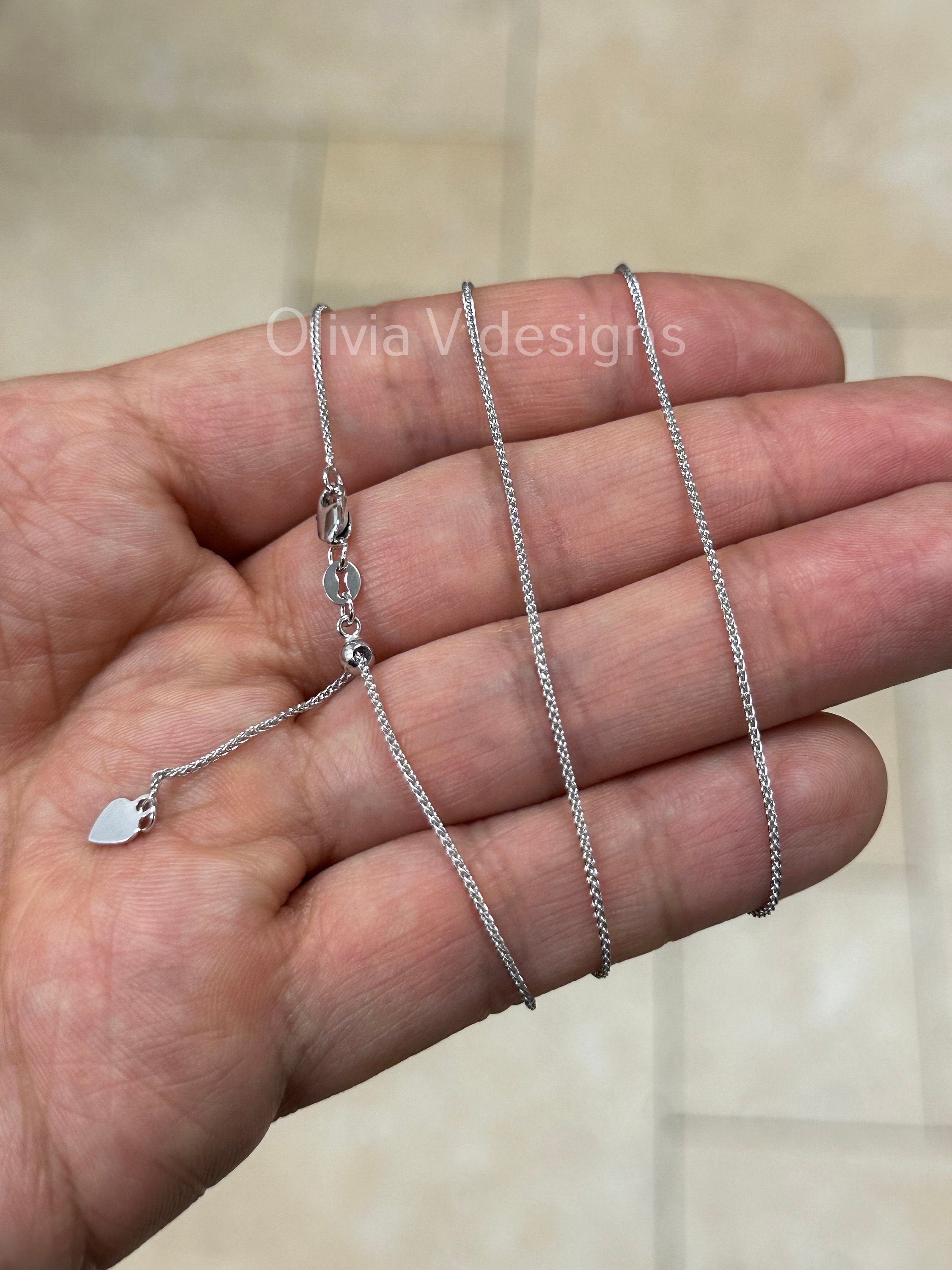 1mm Solid Adjustable Wheat Spiga Chain REAL 14K White Gold Up To 22", Spiga Wheat Chain, 14k White Gold