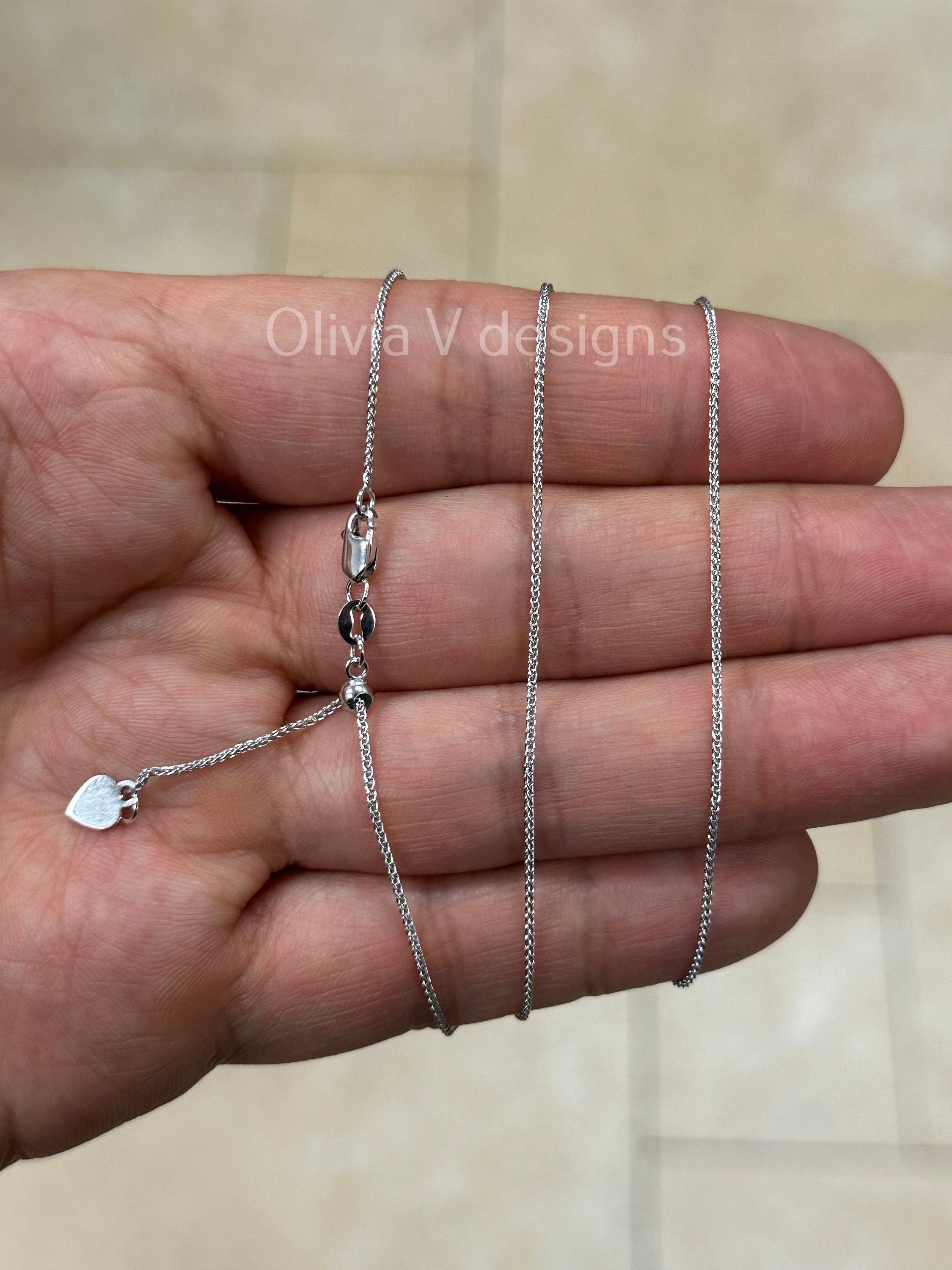 1mm Solid Adjustable Wheat Spiga Chain REAL 14K White Gold Up To 22", Spiga Wheat Chain, 14k White Gold