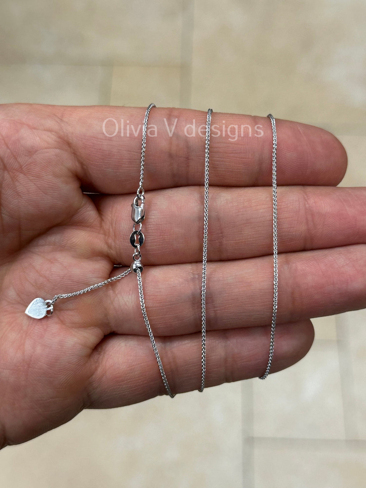1mm Solid Adjustable Wheat Spiga Chain REAL 14K White Gold Up To 22", Spiga Wheat Chain, 14k White Gold