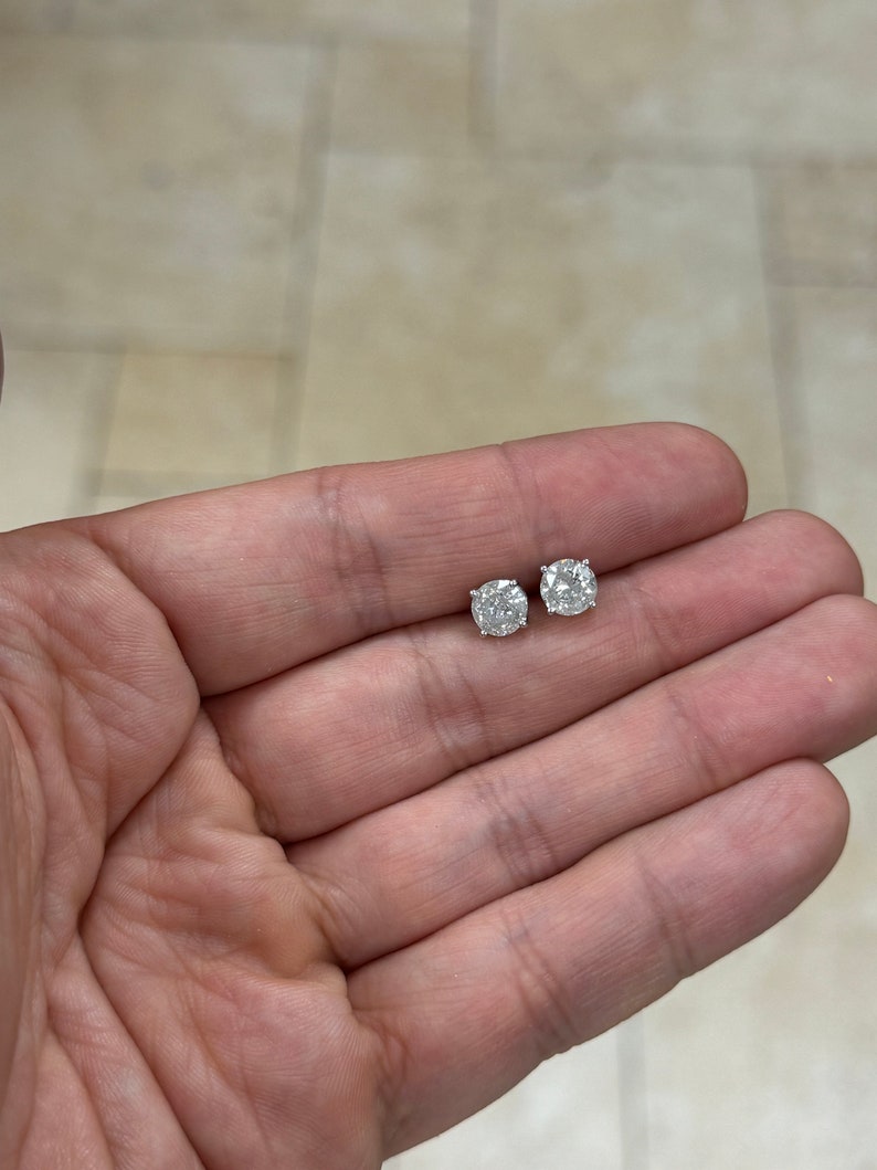 2.00 Carat Total Weight Real Natural Round Diamond Solitaire Stud Earrings in 14K White Gold Color G/H