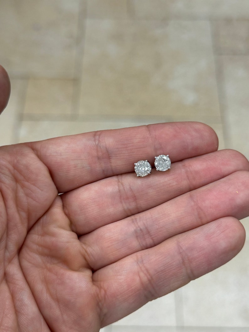 2.00 Carat Total Weight Real Natural Round Diamond Solitaire Stud Earrings in 14K White Gold Color G/H