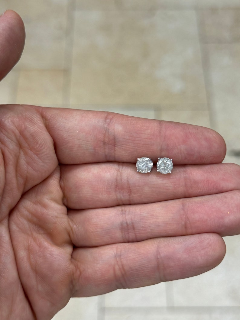 2.00 Carat Total Weight Real Natural Round Diamond Solitaire Stud Earrings in 14K White Gold Color G/H
