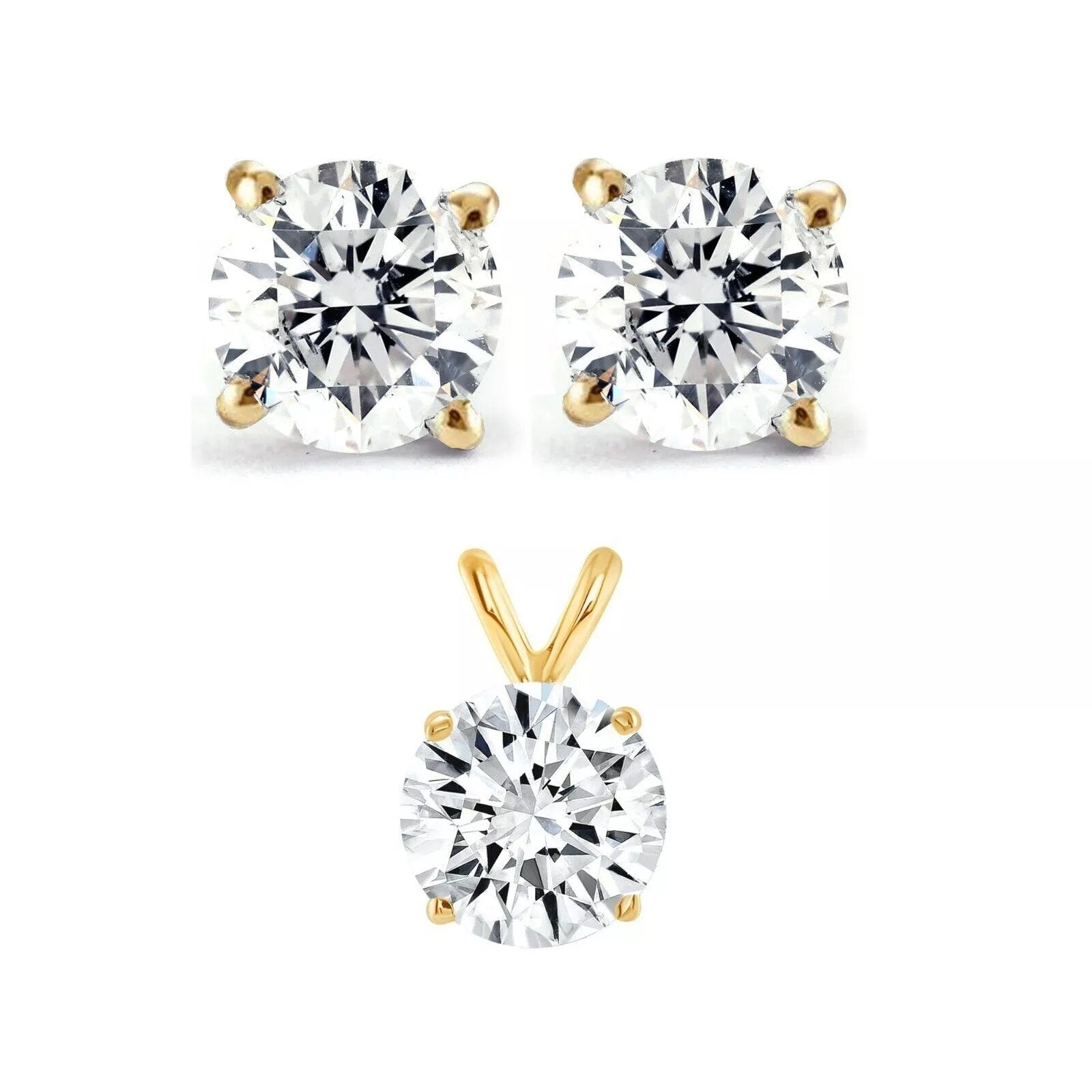 3.00 Carats TW Real (Natural) Round Diamond Solitaire Necklace & Studs Earrings Set 14k Gold in 14K Yellow Gold Color G/I