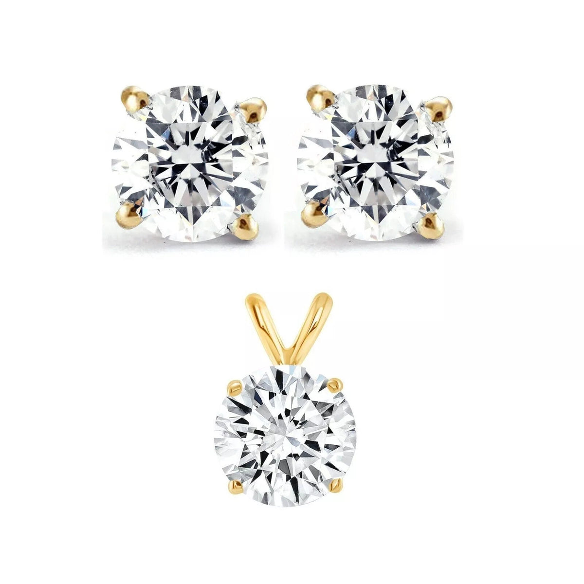 3.00 Carats TW Real (Natural) Round Diamond Solitaire Necklace & Studs Earrings Set 14k Gold in 14K Yellow Gold Color G/I