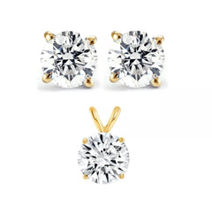 3.00 Carats TW Real (Natural) Round Diamond Solitaire Necklace & Studs Earrings Set 14k Gold in 14K Yellow Gold Color G/I