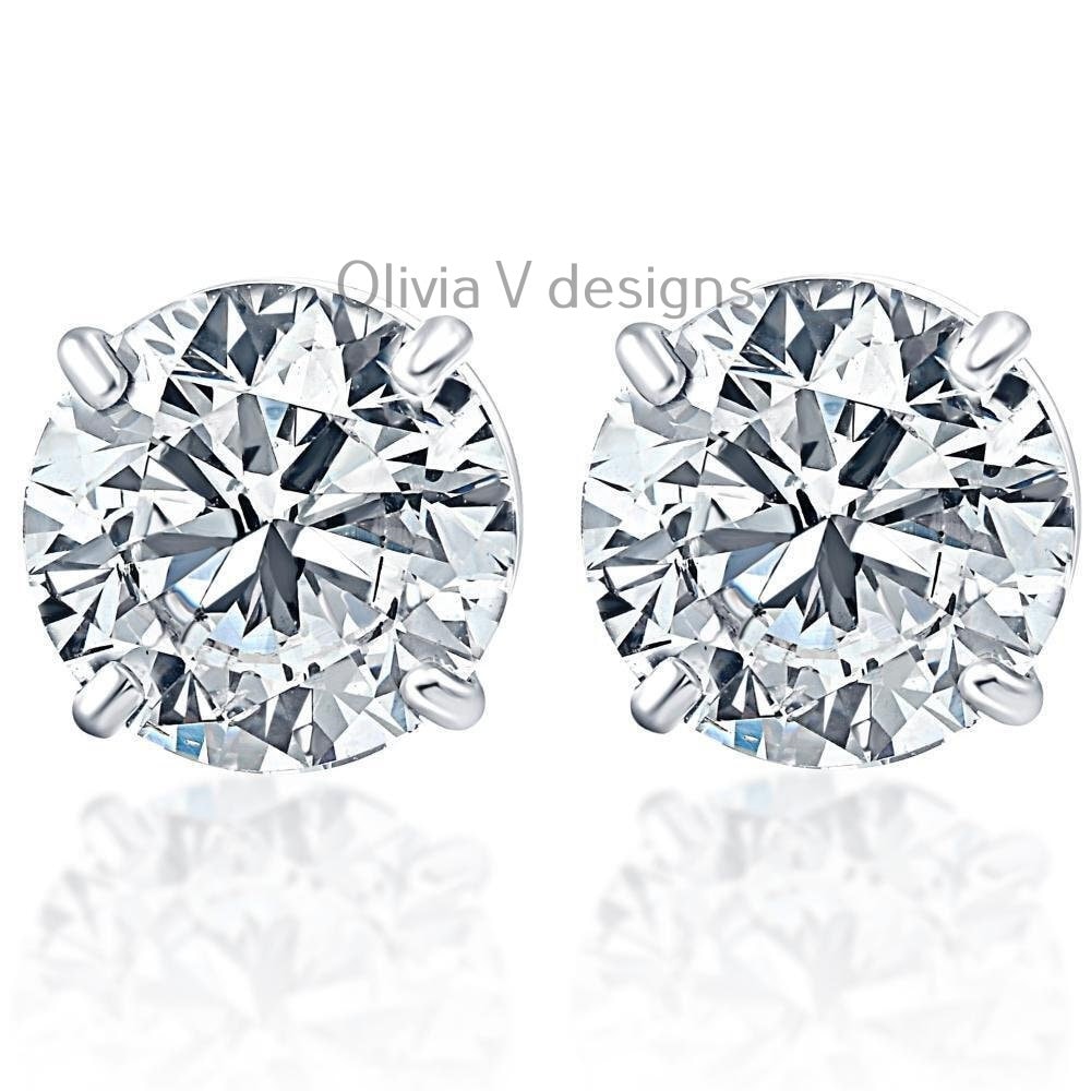 3.20 Carat TW Real (Natural) Round Diamond Solitaire Stud Earrings in 14K White Gold Color G/H