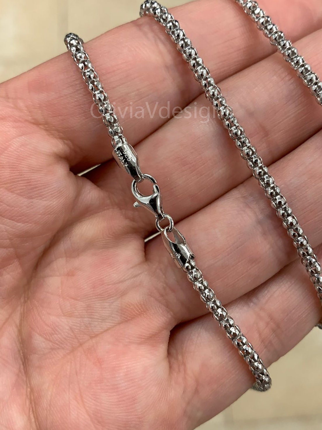 3MM Solid 925 Sterling Silver Italian Shiny POPCORN Chain Necklace Made in Italy All Lengths Available: 16" 18" 20" 22" 24" Or 30''