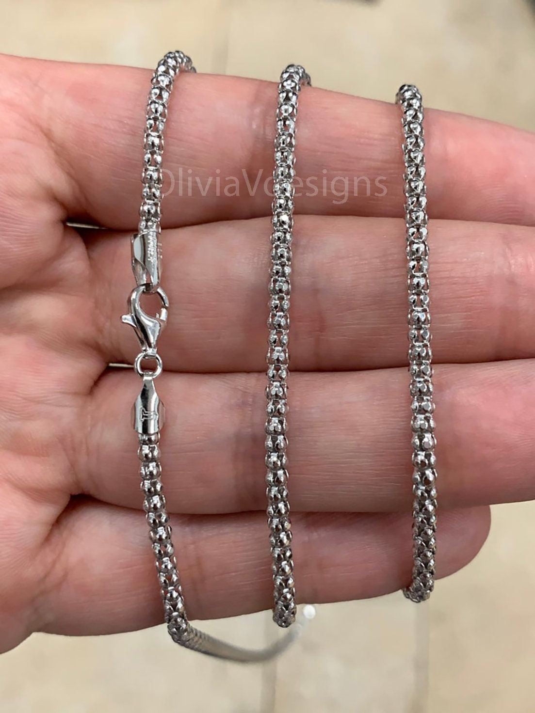 3MM Solid 925 Sterling Silver Italian Shiny POPCORN Chain Necklace Made in Italy All Lengths Available: 16" 18" 20" 22" 24" Or 30''