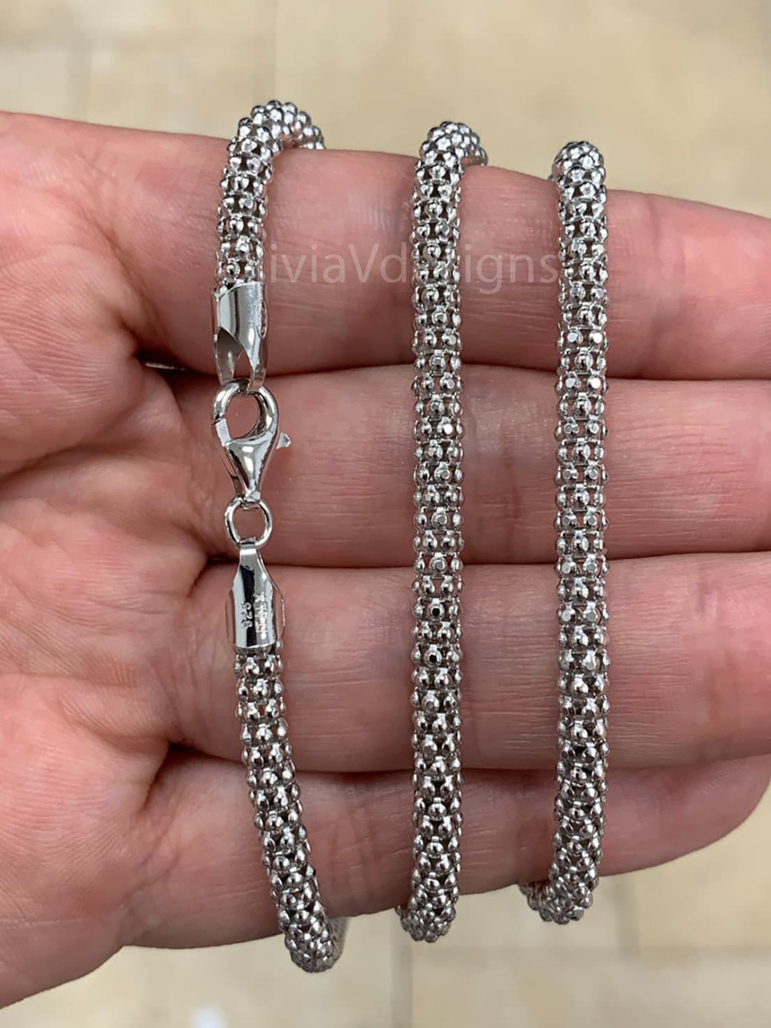 4.5MM Solid 925 Sterling Silver Italian Shiny POPCORN Chain Necklace Made in Italy All Lengths Available: 16" 18" 20" 22" 24" Or 30''