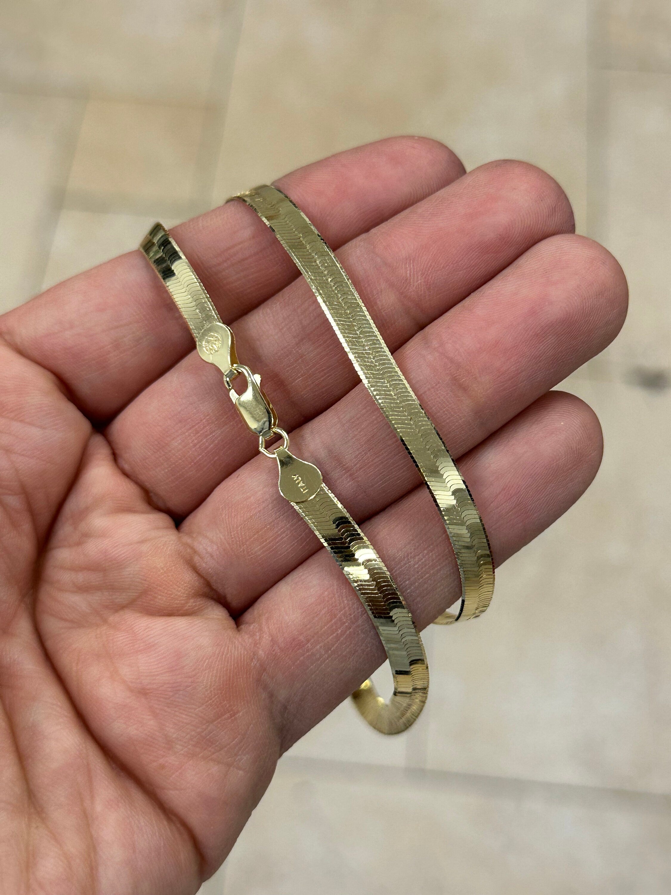 5.50mm Herringbone Chain, 925 Sterling Silver Necklace Over 14K Yellow Gold Vermeil  16'' 18'' 20'' 22'' 24', Italy Made, Plux, Gift for Her