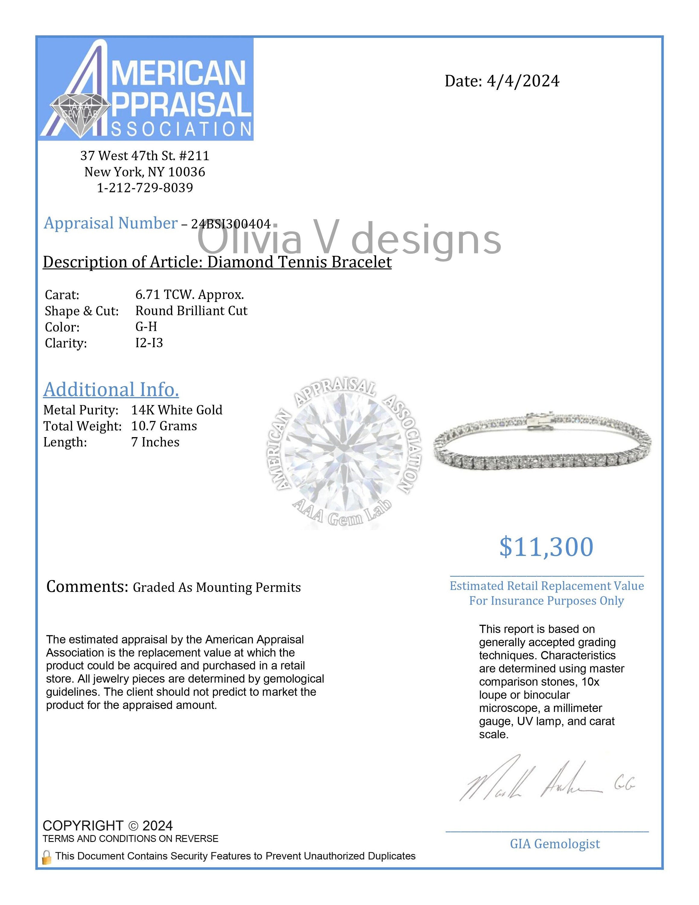 6.71 Carat Natural Diamond 14K Solid White Gold Tennis Bracelet | Classic Tennis Bracelet| G/H Color | 7'' Inch