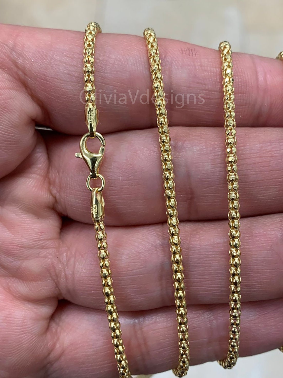 925 Sterling Silver 14K Gold Vermeil  Popcorn Chain, Coreana 2.5mm chain, Sterling Silver Chain, 925 Chain, Italian Silver, Made In Italy