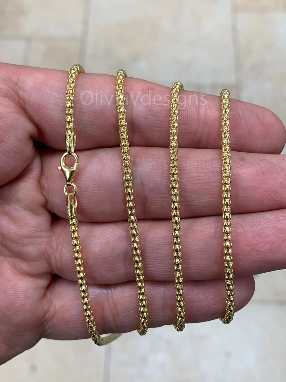 925 Sterling Silver 14K Gold Vermeil  Popcorn Chain, Coreana 2.5mm chain, Sterling Silver Chain, 925 Chain, Italian Silver, Made In Italy