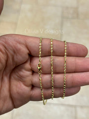 925 Sterling Silver 14K Yellow Gold Plated 2mm Moon Cut Bead Chain Necklace 16''-30'', Gold, Made In Italy, Bead Moon Cut