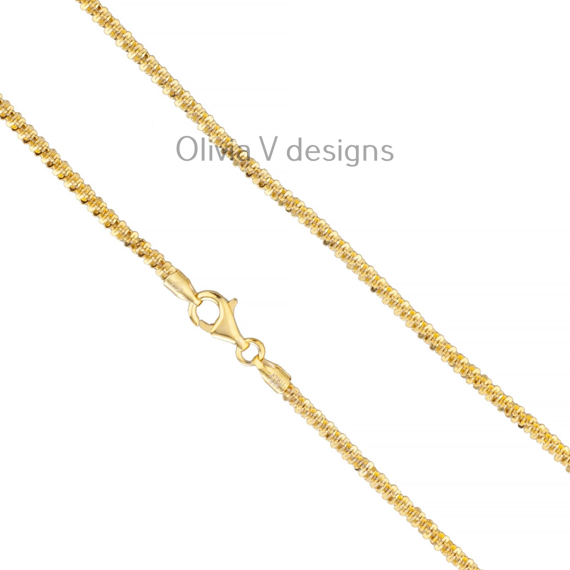 925 Sterling Silver 14K Yellow Gold Plated Sparkle Glitter Margarita Twisted Rock Chain 3mm Necklace, 925 Sterling Silver, Diamond Cut