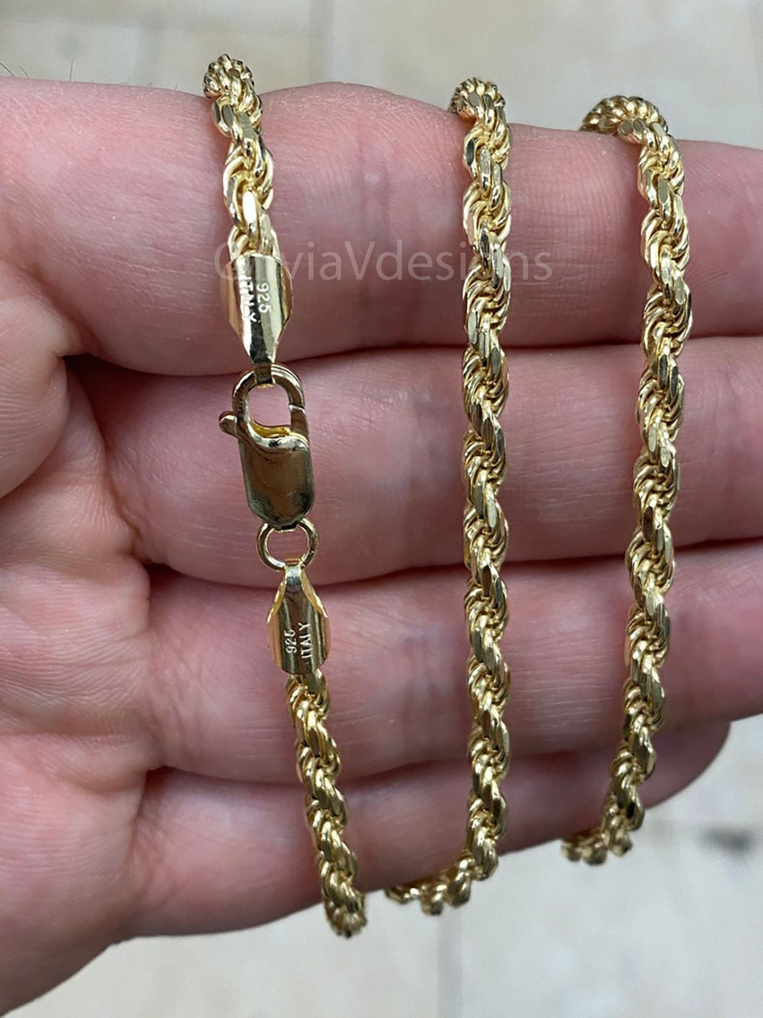 925 Sterling Silver 14K Yellow Gold Plated Twist Diamond Cut Rope 4mm 18'' 20'' 22'' 24'' 28'' 30'',Everyday Chain, Gift, Sale, Italy, New