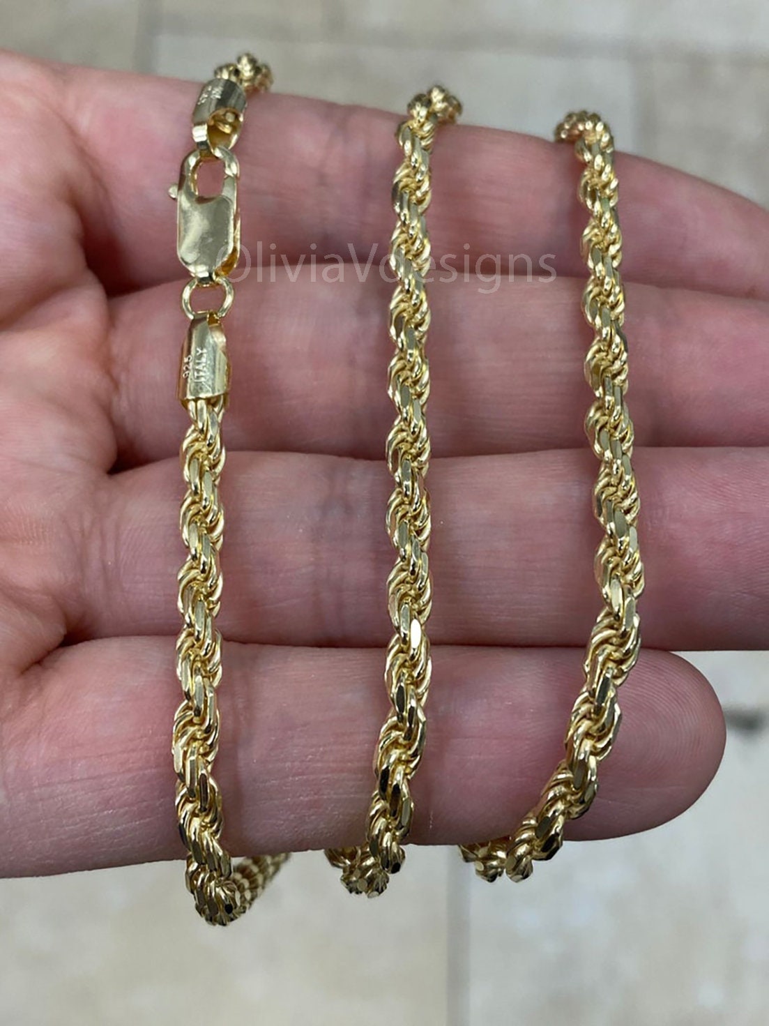 925 Sterling Silver 14K Yellow Gold Plated Twist Diamond Cut Rope 4mm 18'' 20'' 22'' 24'' 28'' 30'',Everyday Chain, Gift, Sale, Italy, New
