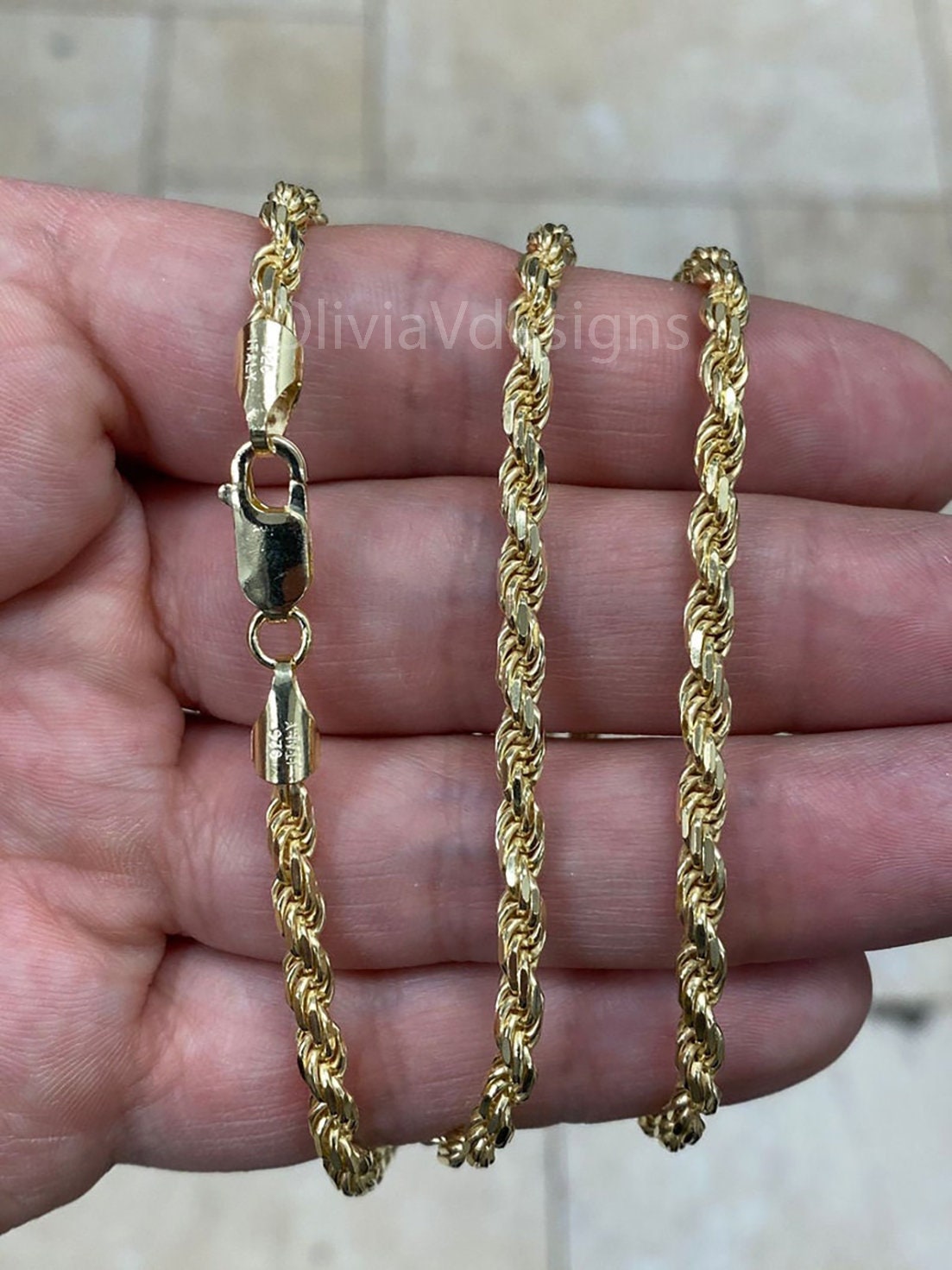 925 Sterling Silver 14K Yellow Gold Plated Twist Diamond Cut Rope 4mm 18'' 20'' 22'' 24'' 28'' 30'',Everyday Chain, Gift, Sale, Italy, New