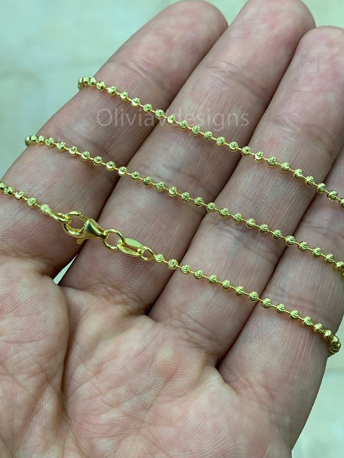 925 Sterling Silver 14k Gold Moon Cut Ball Bead Chain 2mm Necklace  16''-30''  - Genuine 925 - Solid 925 - Made In Italy
