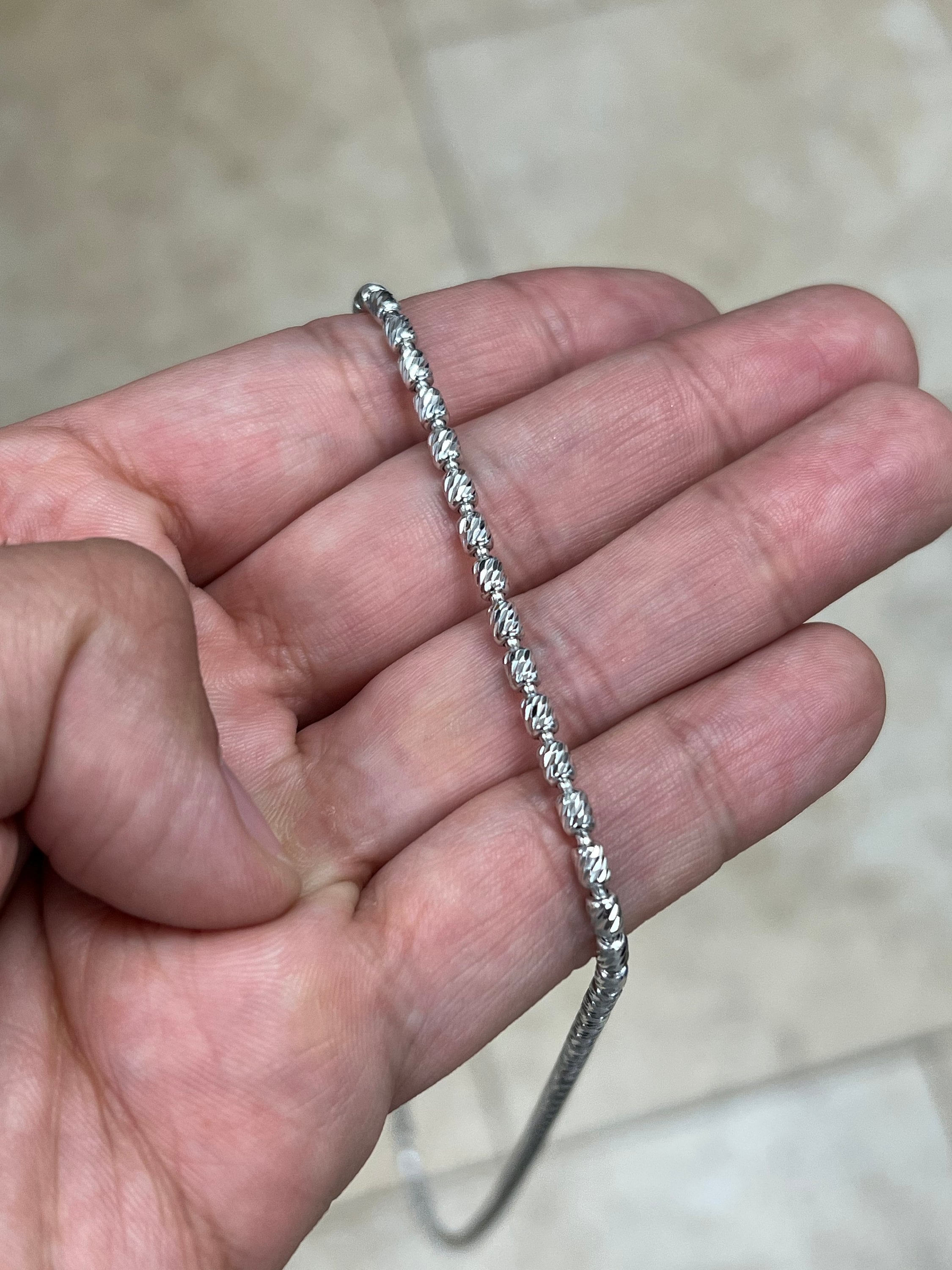 925 Sterling Silver 3mm Moon Cut Oval Barrel Beaded Chain Necklace 18"-30'', Rhodium, Made In Italy, Genuine 925 Sterling Silver