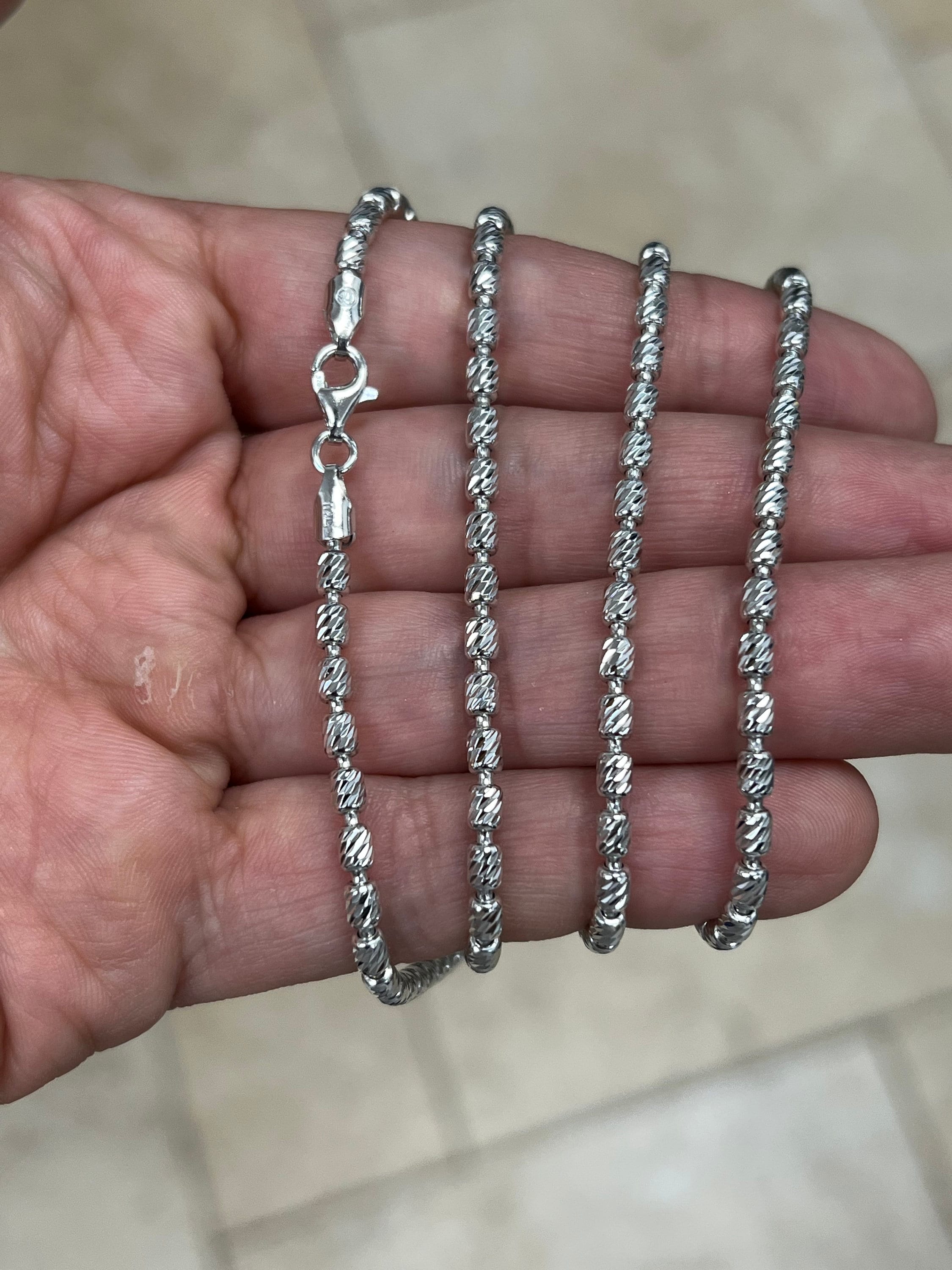 925 Sterling Silver 3mm Moon Cut Oval Barrel Beaded Chain Necklace 18"-30'', Rhodium, Made In Italy, Genuine 925 Sterling Silver