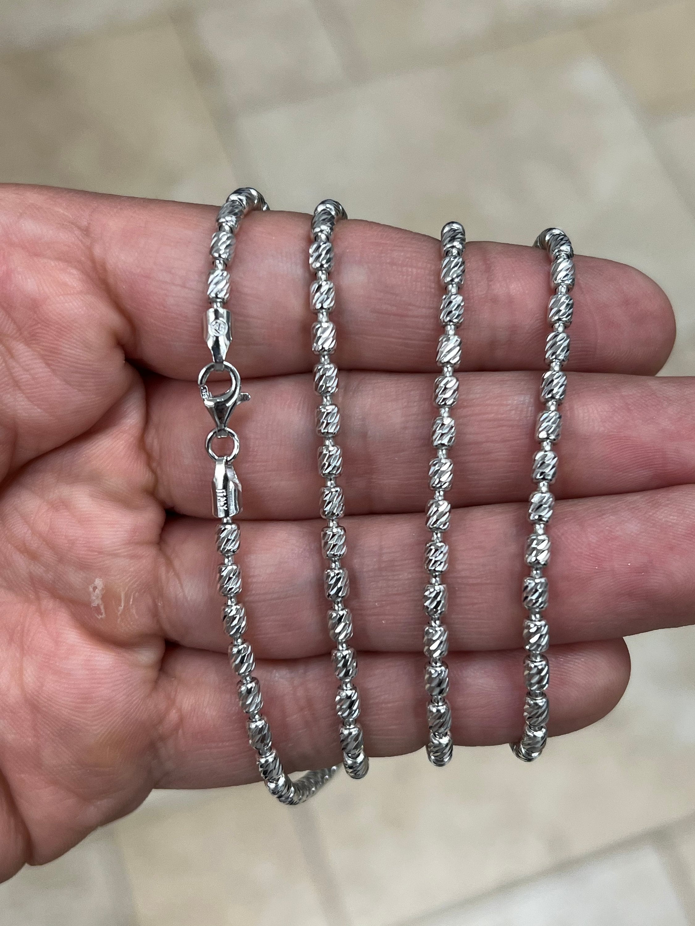 925 Sterling Silver 3mm Moon Cut Oval Barrel Beaded Chain Necklace 18"-30'', Rhodium, Made In Italy, Genuine 925 Sterling Silver