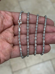 925 Sterling Silver 3mm Moon Cut Oval Barrel Beaded Chain Necklace 18"-30'', Rhodium, Made In Italy, Genuine 925 Sterling Silver