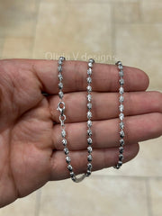925 Sterling Silver 3mm Oval Diamond-Cut Moon Cut Oval Barrel Bead Chain Necklace 16"-24'', Rhodium, Made In Italy