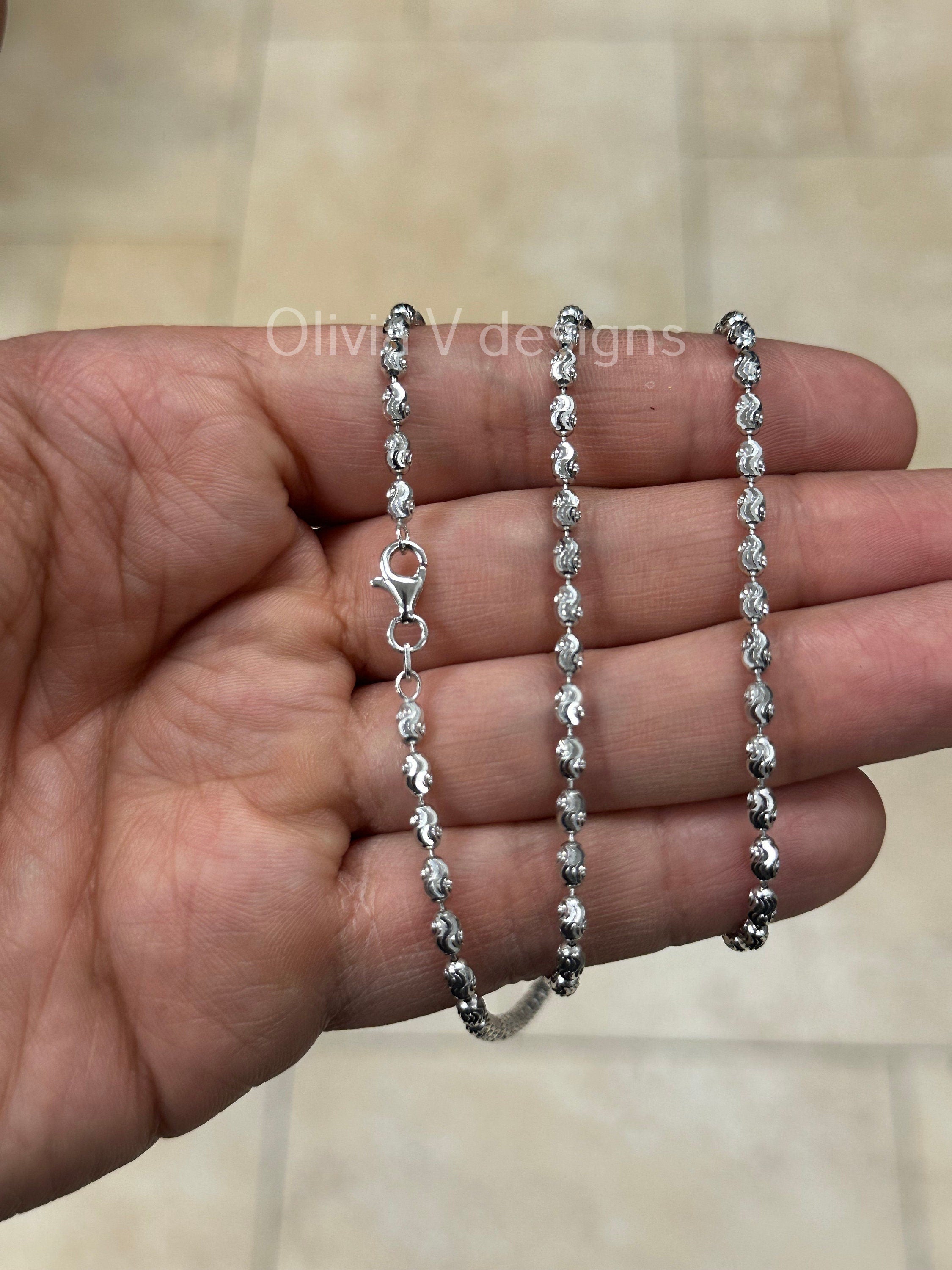 925 Sterling Silver 3mm Oval Diamond-Cut Moon Cut Oval Barrel Bead Chain Necklace 16"-24'', Rhodium, Made In Italy
