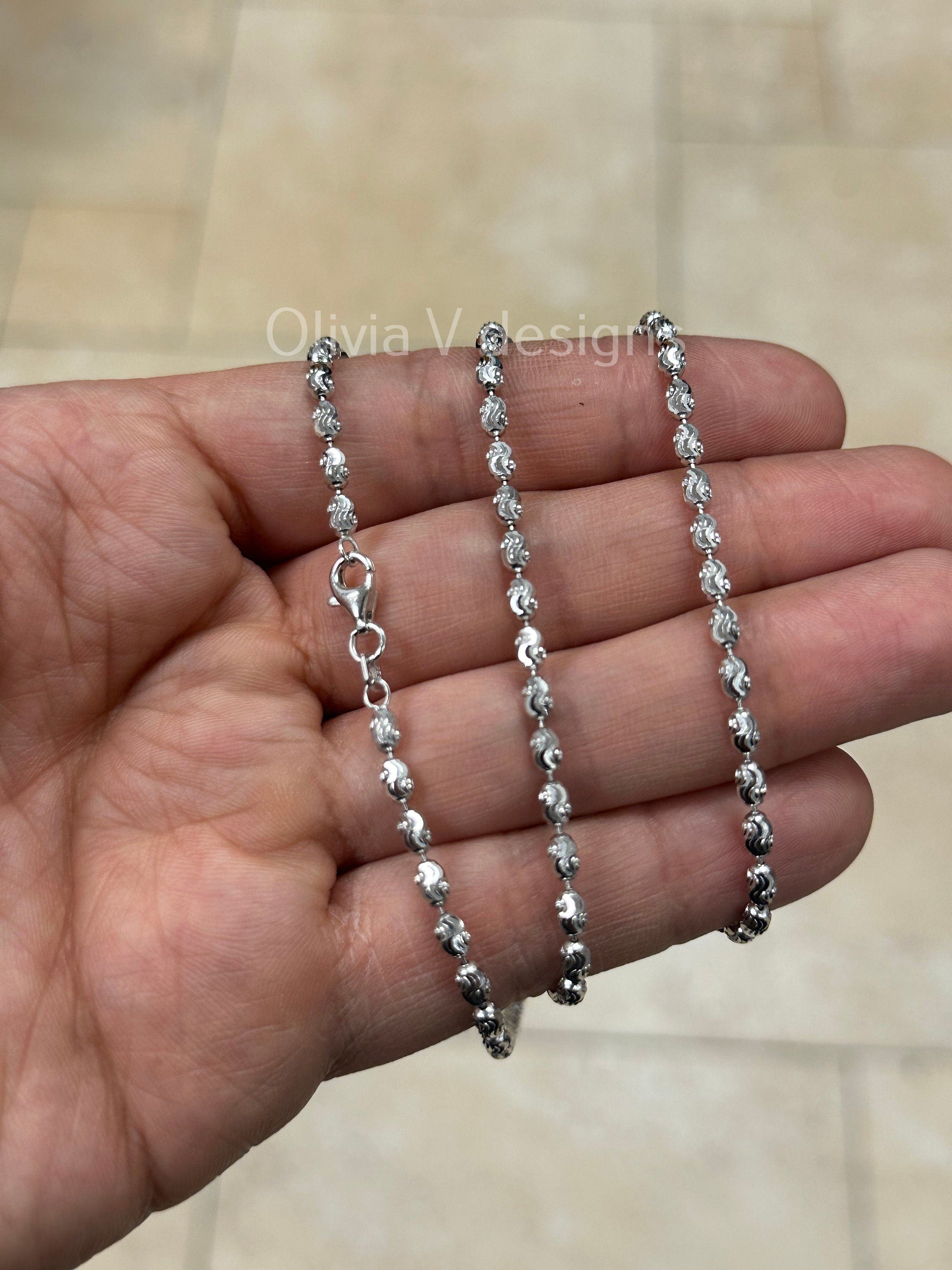 925 Sterling Silver 3mm Oval Diamond-Cut Moon Cut Oval Barrel Bead Chain Necklace 16"-24'', Rhodium, Made In Italy