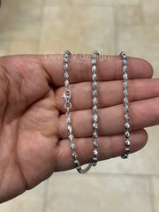925 Sterling Silver 3mm Oval Diamond-Cut Moon Cut Oval Barrel Bead Chain Necklace 16"-24'', Rhodium, Made In Italy