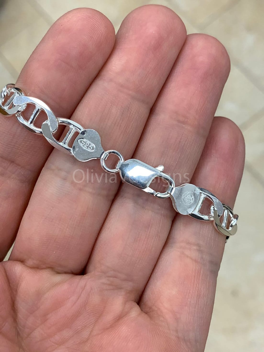 925 Sterling Silver 8mm Flat Mariner Link Anchor Chain Necklace Solid Silver, Italy, Men's Ladies, Marina Chain, Mariner, Chain