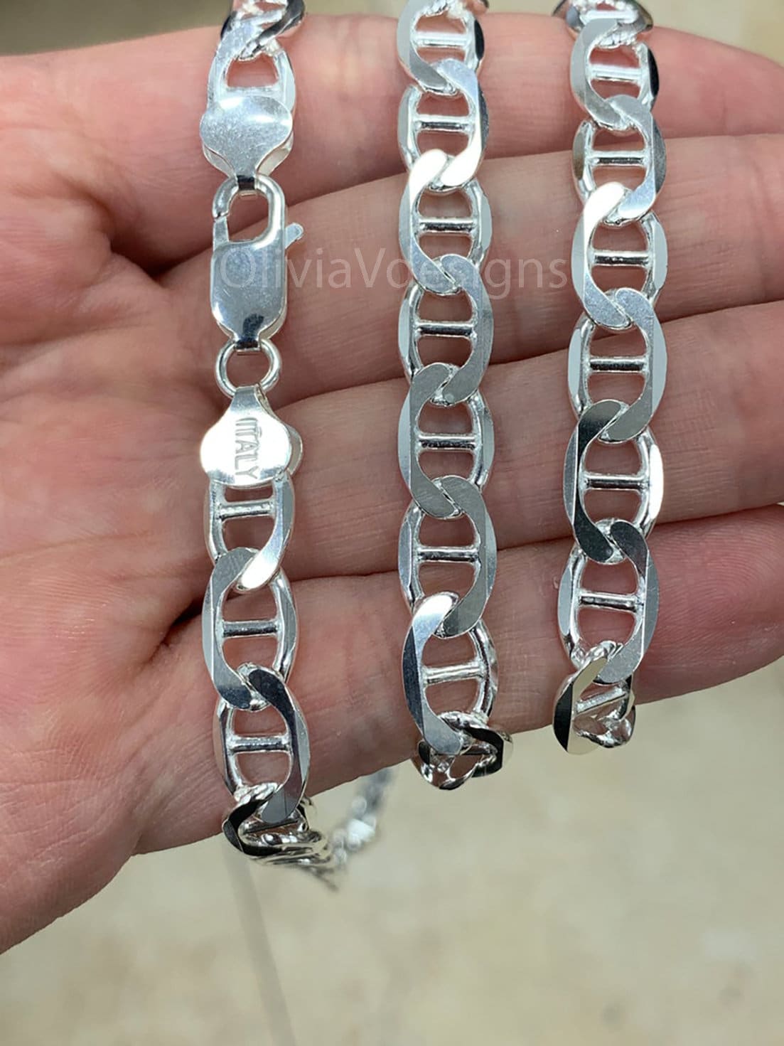 925 Sterling Silver 8mm Flat Mariner Link Anchor Chain Necklace Solid Silver, Italy, Men's Ladies, Marina Chain, Mariner, Chain
