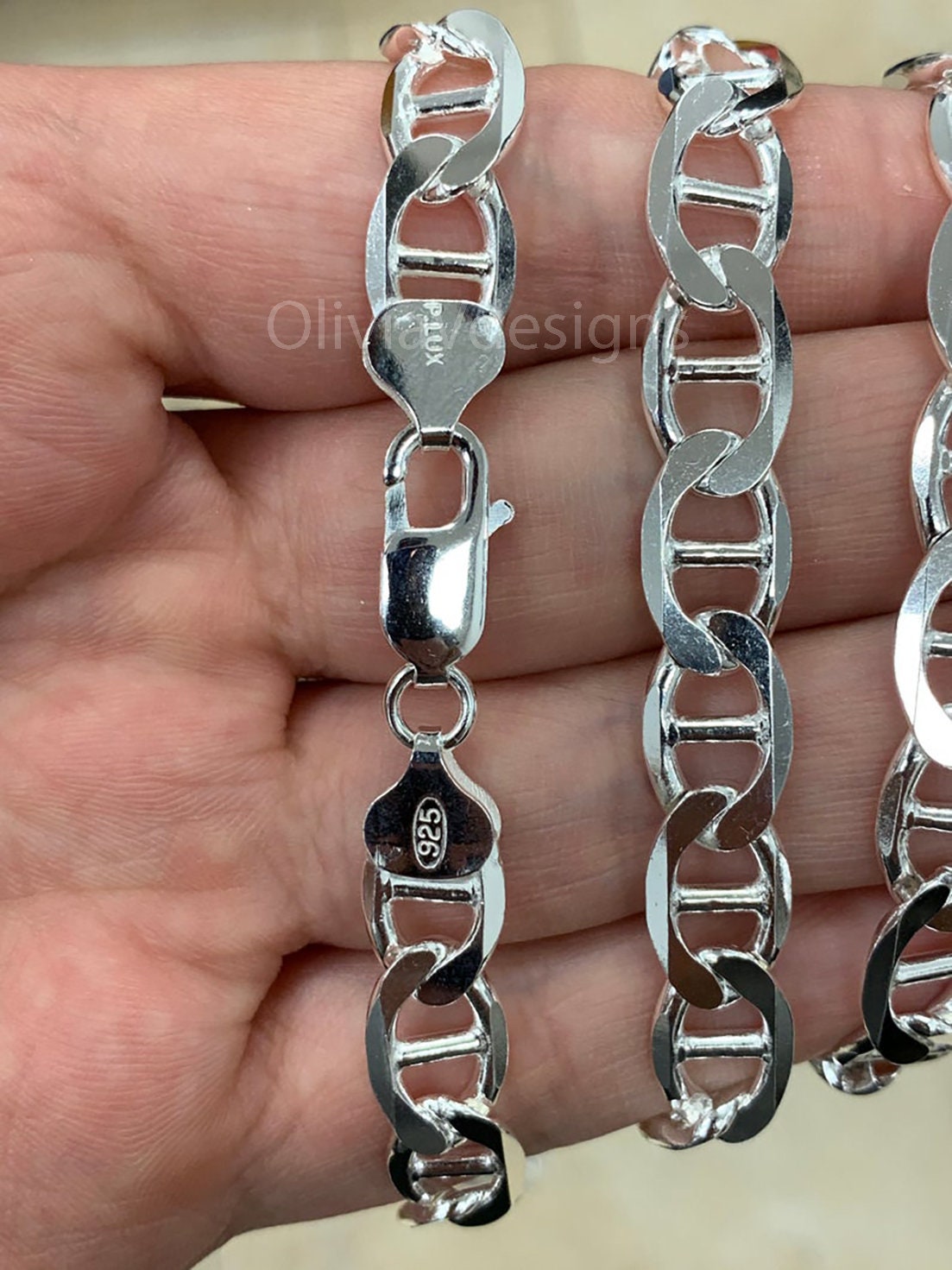 925 Sterling Silver 9mm Flat Mariner Link Anchor Chain Necklace Solid Silver, Italy, Men's Ladies, Marina Chain, Mariner Chain