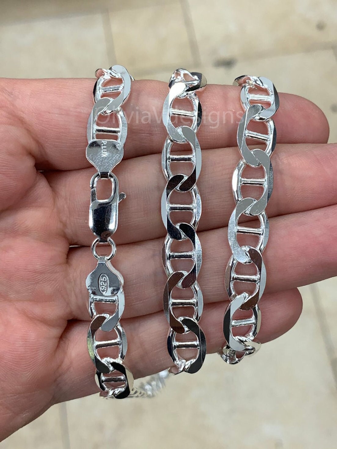 925 Sterling Silver 9mm Flat Mariner Link Anchor Chain Necklace Solid Silver, Italy, Men's Ladies, Marina Chain, Mariner Chain