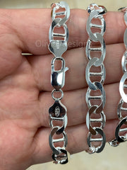 925 Sterling Silver 9mm Flat Mariner Link Anchor Chain Necklace Solid Silver, Italy, Men's Ladies, Marina Chain, Mariner Chain
