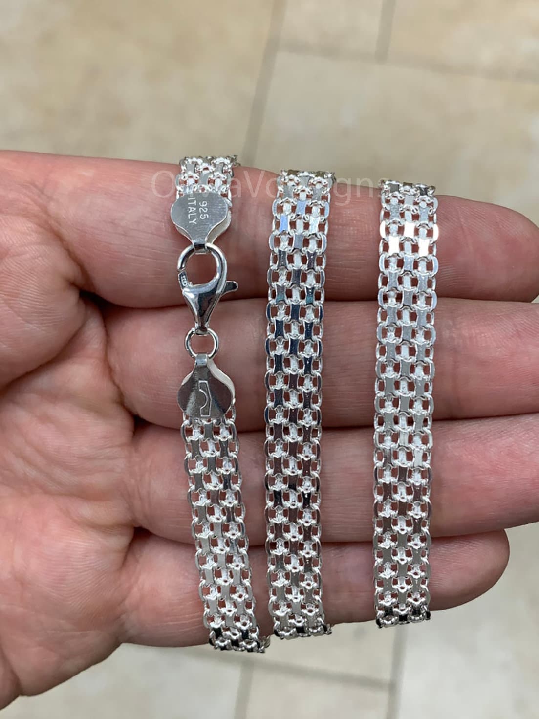 925 Sterling Silver Bismark Bizmark Diamond Cut Chain Necklace Italy 8mm , Lobster Clasp, New, Italy, Gift, Men, Woman