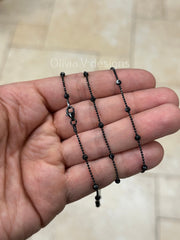 925 Sterling Silver Black Rhodium 1.2mm Diamond Cut Station Bead With 3mm Moon Cut Necklace - Genuine 925 - Made In Italy