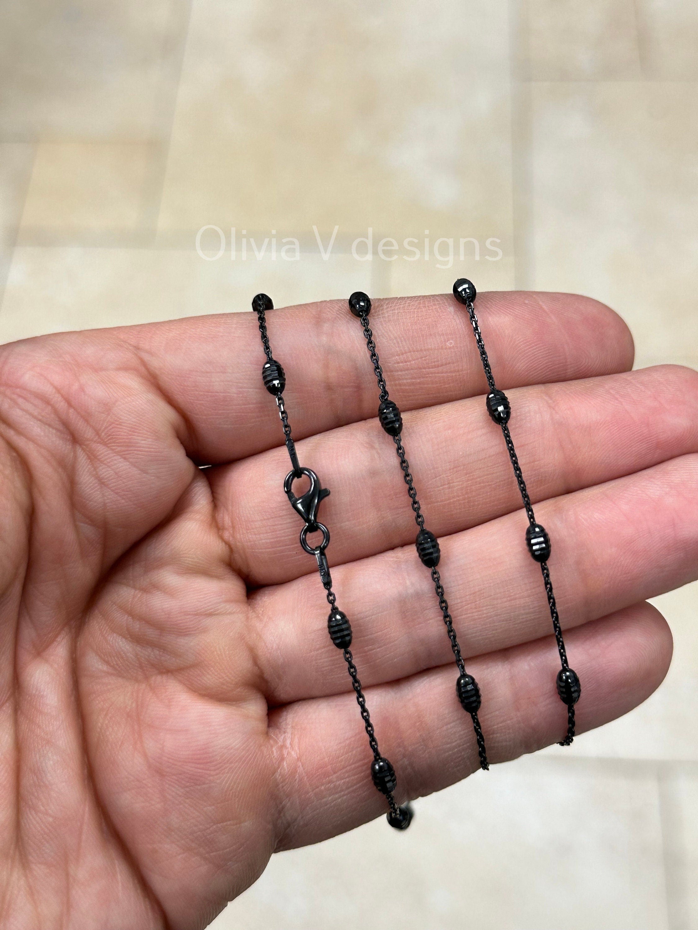 925 Sterling Silver Black Rhodium 1.2mm Diamond Cut Station Bead With 3mm Oval Moon Cut Necklace - Genuine 925 - Made In Italy
