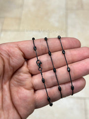 925 Sterling Silver Black Rhodium 1.2mm Diamond Cut Station Bead With 3mm Oval Moon Cut Necklace - Genuine 925 - Made In Italy